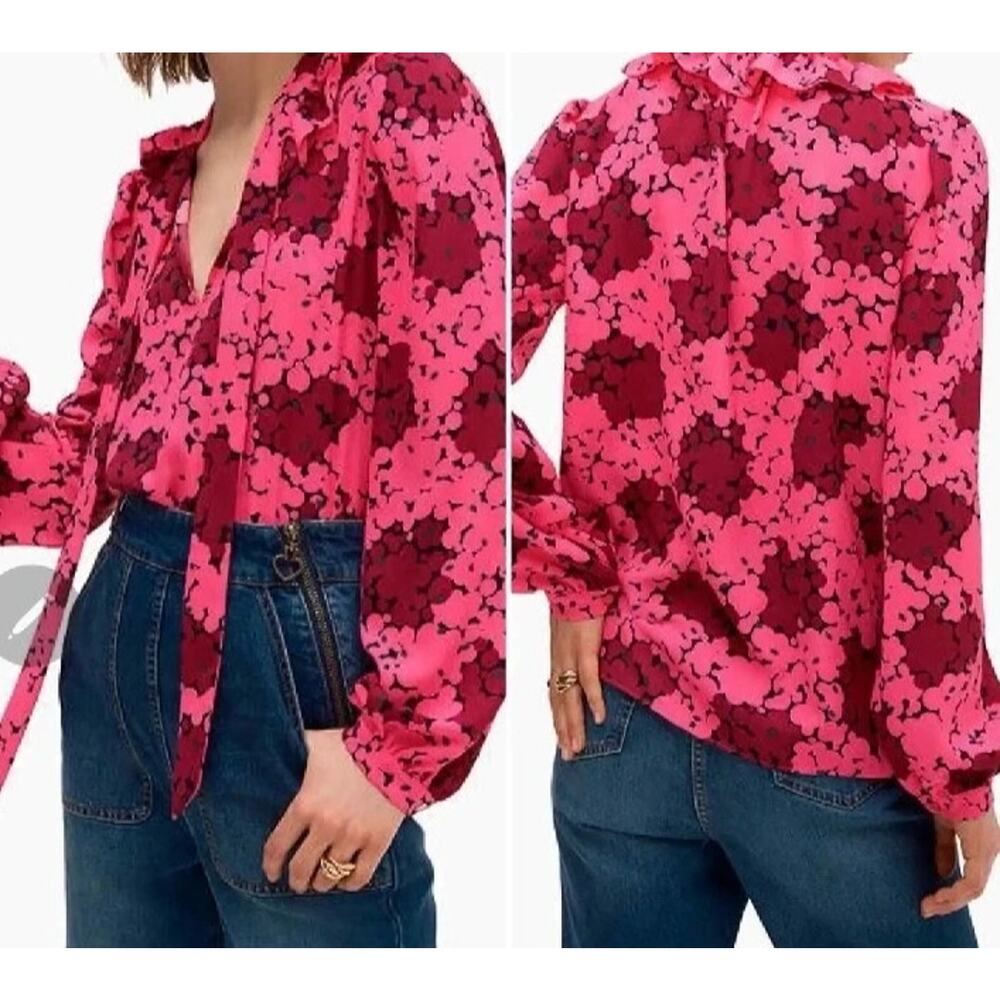 Kate Spade New York Top Womens size M Pink Floral Ruffle Tie Neck Pullover